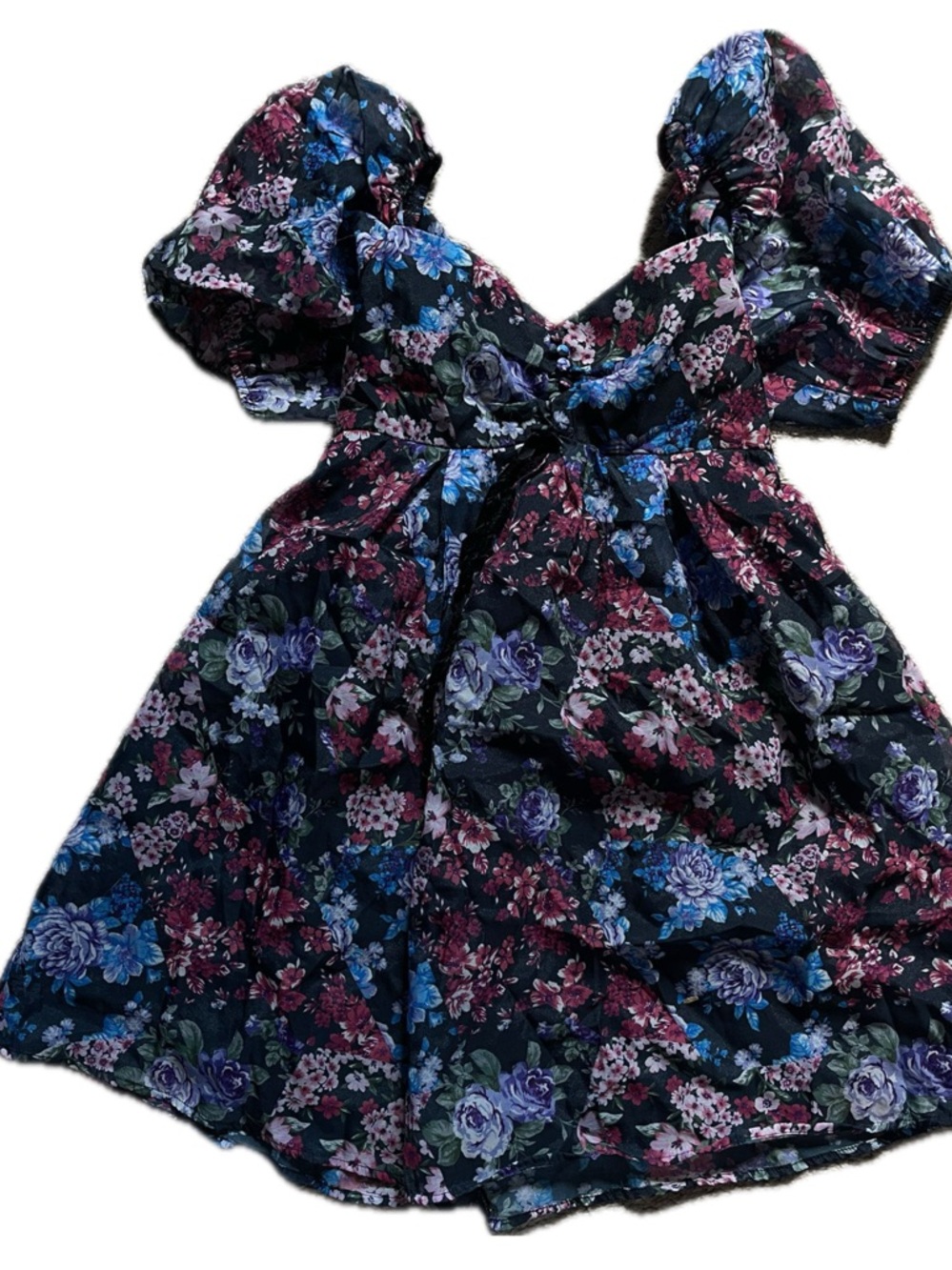 Forever 21 Black Floral Puff-Sleeve Dress with Blue and Purple Accents